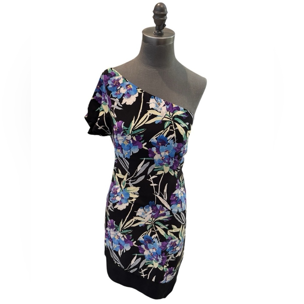 Elizabeth and James Nora Silk Floral One Shoulder Black Dress Small